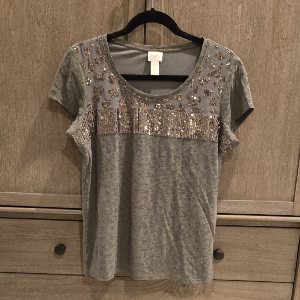 Chico's Metallic Embellished Green Tee